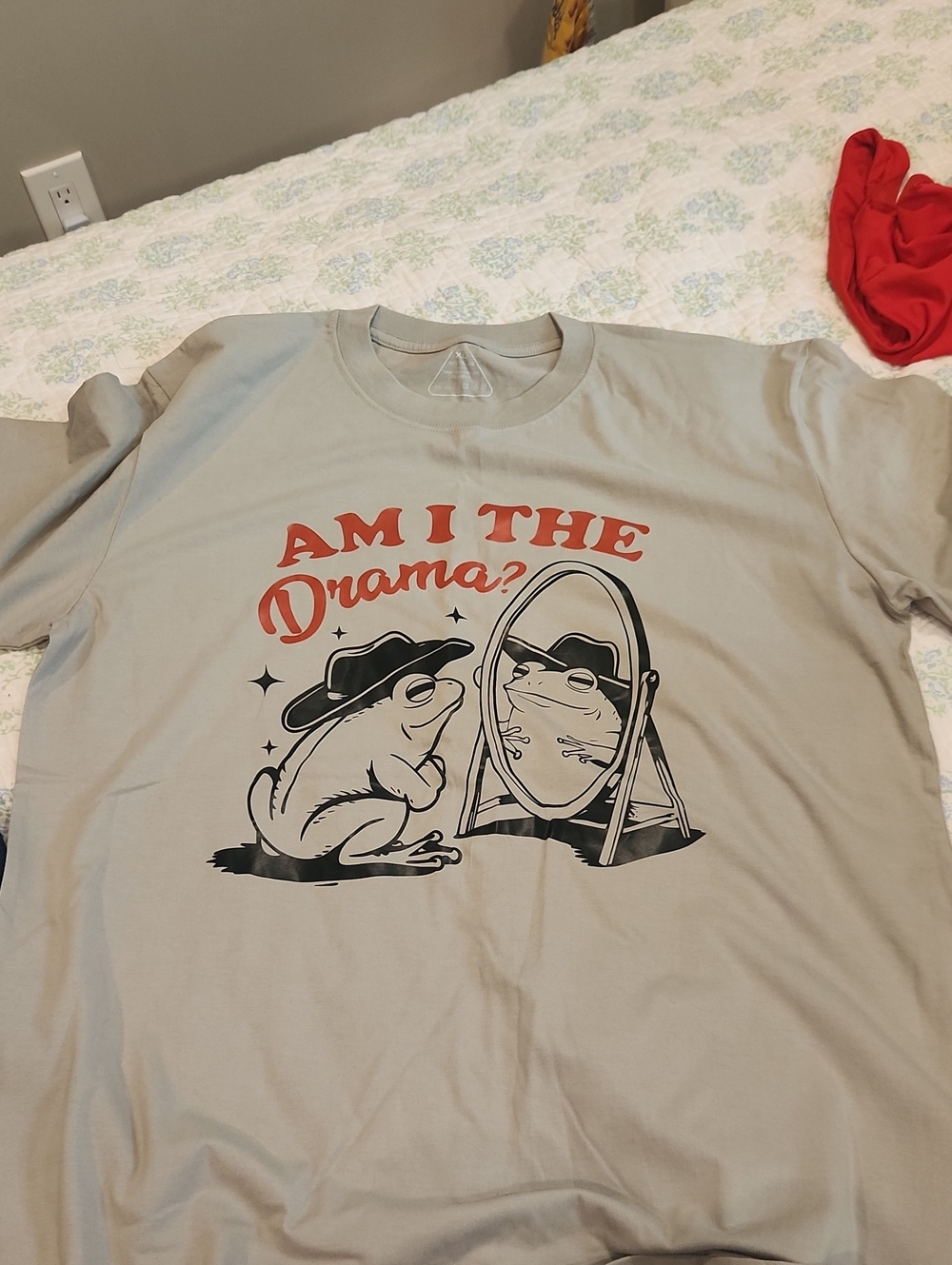 Graphic Tee "Am I The Drama?" Frog Mirror Design - Beige/green